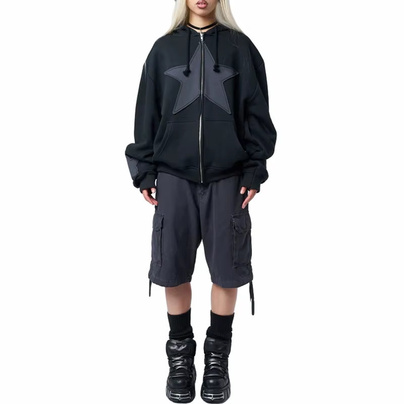Women Autumn Casual Hooded Coat Cyber Grunge Star Print Zip up Drawstring Hoodie Vintage Long Sleeve Baggy Sweatshirt Streetwear