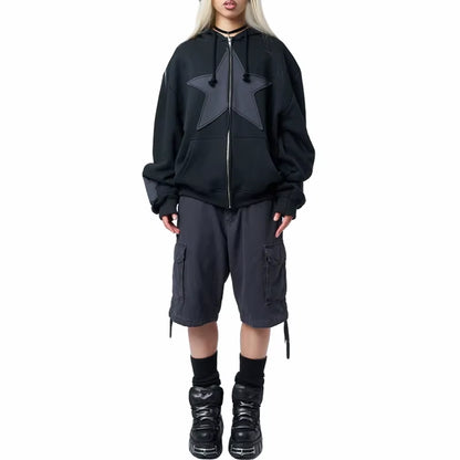 Women Autumn Casual Hooded Coat Cyber Grunge Star Print Zip up Drawstring Hoodie Vintage Long Sleeve Baggy Sweatshirt Streetwear
