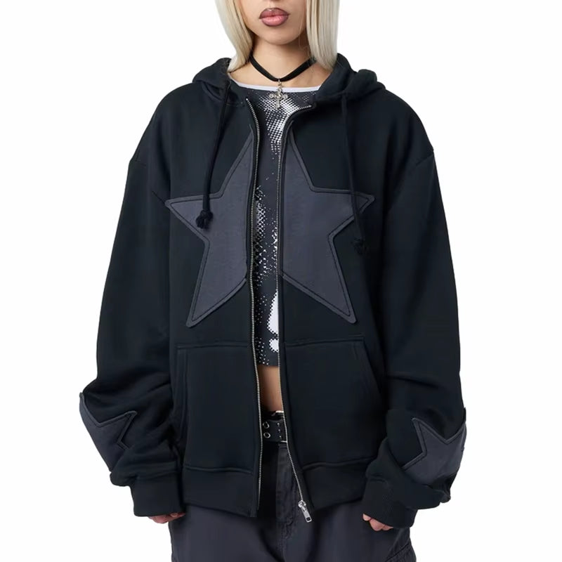 Women Autumn Casual Hooded Coat Cyber Grunge Star Print Zip up Drawstring Hoodie Vintage Long Sleeve Baggy Sweatshirt Streetwear