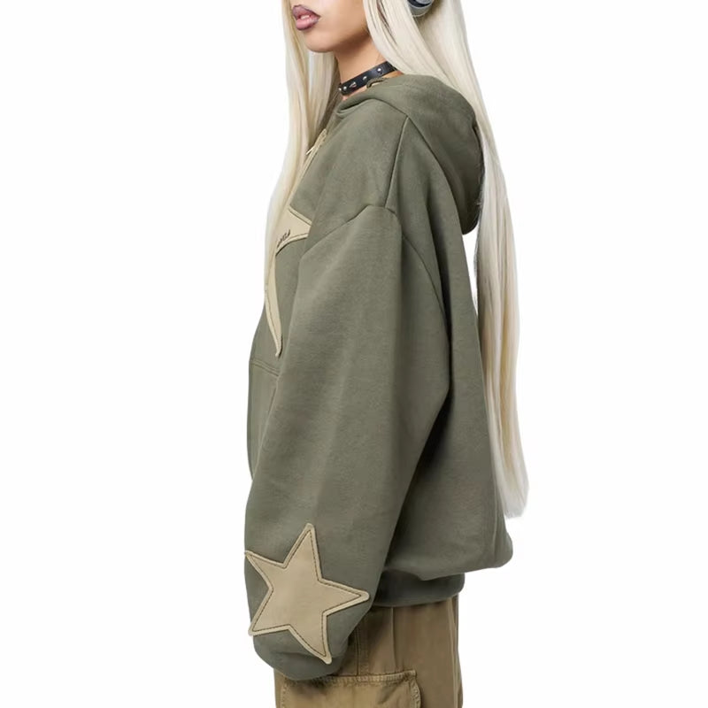 Women Autumn Casual Hooded Coat Cyber Grunge Star Print Zip up Drawstring Hoodie Vintage Long Sleeve Baggy Sweatshirt Streetwear