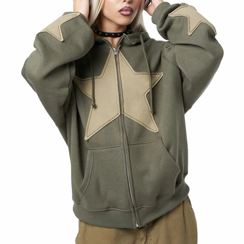 Women Autumn Casual Hooded Coat Cyber Grunge Star Print Zip up Drawstring Hoodie Vintage Long Sleeve Baggy Sweatshirt Streetwear
