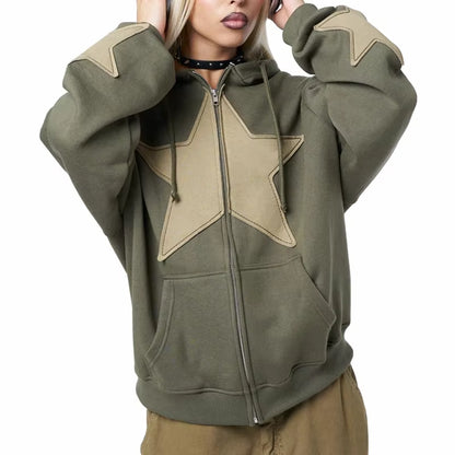 Women Autumn Casual Hooded Coat Cyber Grunge Star Print Zip up Drawstring Hoodie Vintage Long Sleeve Baggy Sweatshirt Streetwear