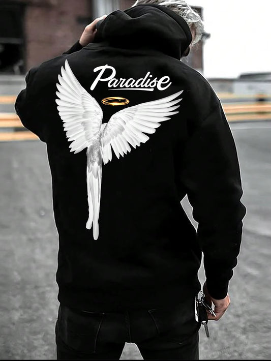 Paradise Angel Wings Pattern Mens Hoodie Fashion New Clothing Pocket All-Match Streetwear Casual Comfortable Hoody for Male