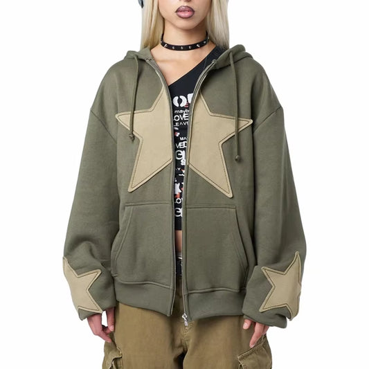 Women Autumn Casual Hooded Coat Cyber Grunge Star Print Zip up Drawstring Hoodie Vintage Long Sleeve Baggy Sweatshirt Streetwear