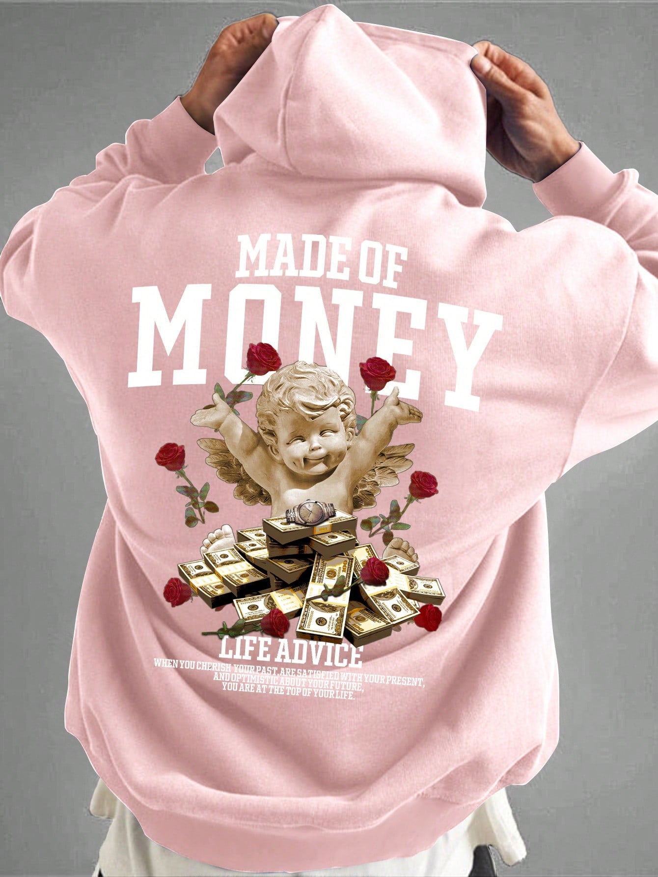 Manfinity EMRG Men Slogan & Sculpture Print Drop Shoulder Drawstring Hoodie, Pink Hoodie, Men Hoodie, Graphic Hoodie