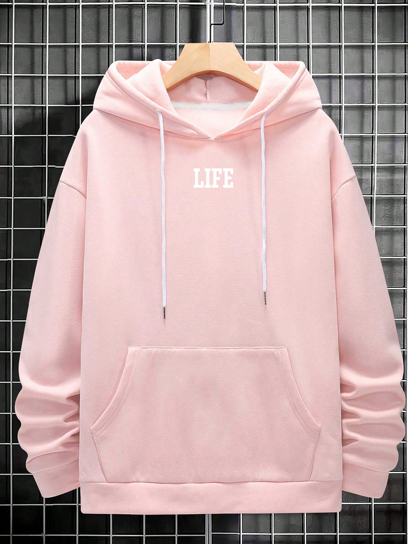 Manfinity EMRG Men Slogan & Sculpture Print Drop Shoulder Drawstring Hoodie, Pink Hoodie, Men Hoodie, Graphic Hoodie