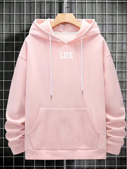 Manfinity EMRG Men Slogan & Sculpture Print Drop Shoulder Drawstring Hoodie, Pink Hoodie, Men Hoodie, Graphic Hoodie